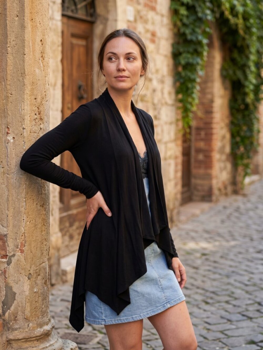 S -Twelve Black Draped Open-Front Cardigan Women's Size Small Lacey Back‎ Design